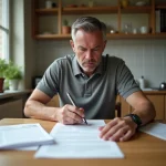 Homme consultant des devis de rénovation imprimés à table, expression critique et attentive