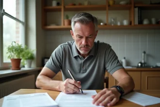 Homme consultant des devis de rénovation imprimés à table, expression critique et attentive