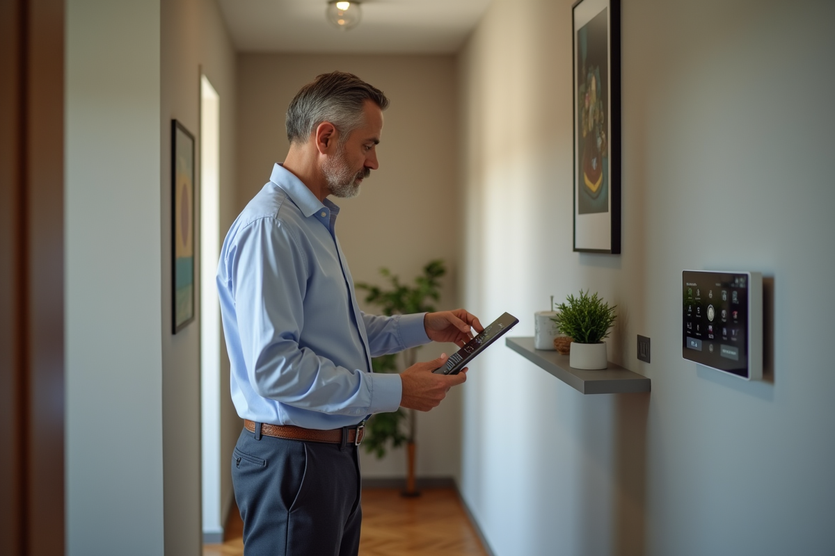 Homme vérifiant un panneau de contrôle domotique dans un couloir