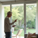 Homme d'âge moyen contrôle un rideau électrique moderne dans son salon lumineux