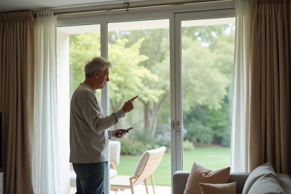 Homme d'âge moyen contrôle un rideau électrique moderne dans son salon lumineux