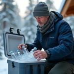 Homme en veste marine et bonnet en laine avec glacière en hiver