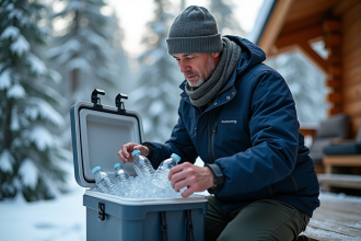 Homme en veste marine et bonnet en laine avec glacière en hiver