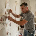 Homme décollant du papier peint floral en lambeaux dans un salon en rénovation, illustration des erreurs courantes lors du décapage