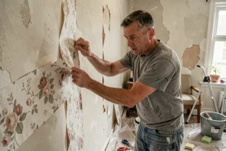 Homme décollant du papier peint floral en lambeaux dans un salon en rénovation, illustration des erreurs courantes lors du décapage