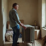 Homme en jeans déplaçant un radiateur en fonte dans un appartement ancien
