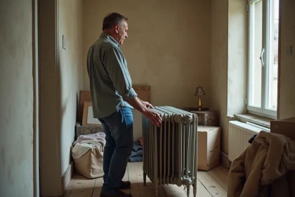 Homme en jeans déplaçant un radiateur en fonte dans un appartement ancien