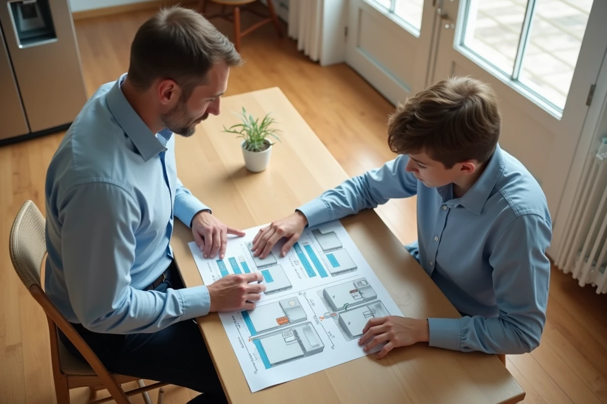 Homme montrant un diagramme de réfrigération à un adolescent