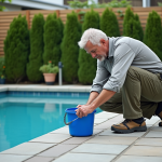 Homme en vêtements pratiques entretenant une piscine dans un jardin