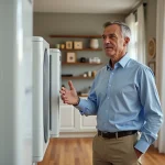 Homme d'âge moyen devant deux pompes à chaleur modernes