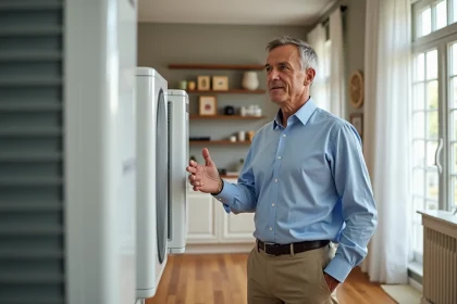 Homme d'âge moyen devant deux pompes à chaleur modernes