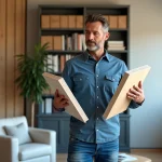 Homme comparant des panneaux acoustiques dans un salon moderne