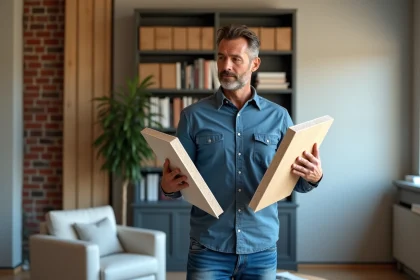 Homme comparant des panneaux acoustiques dans un salon moderne