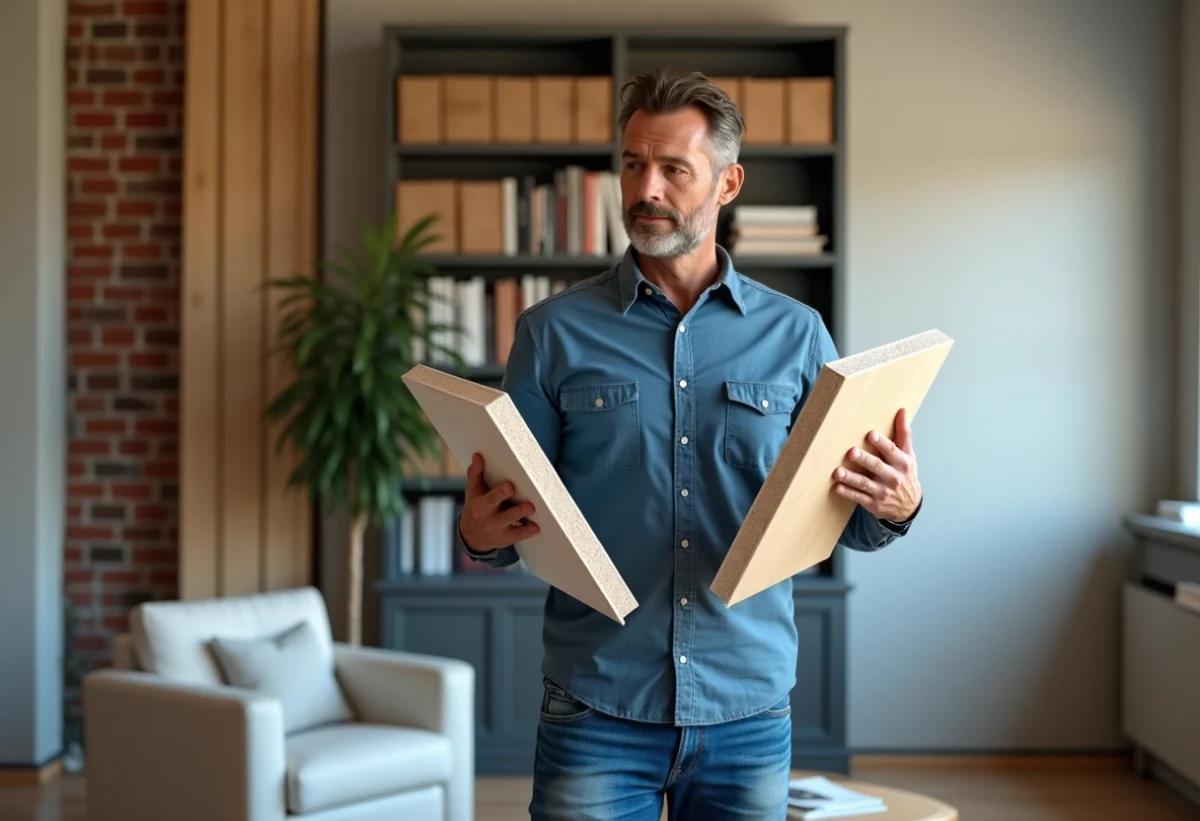 Homme comparant des panneaux acoustiques dans un salon moderne