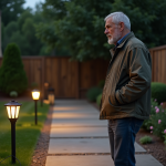 Homme d'âge moyen examine des projecteurs de jardin au crépuscule