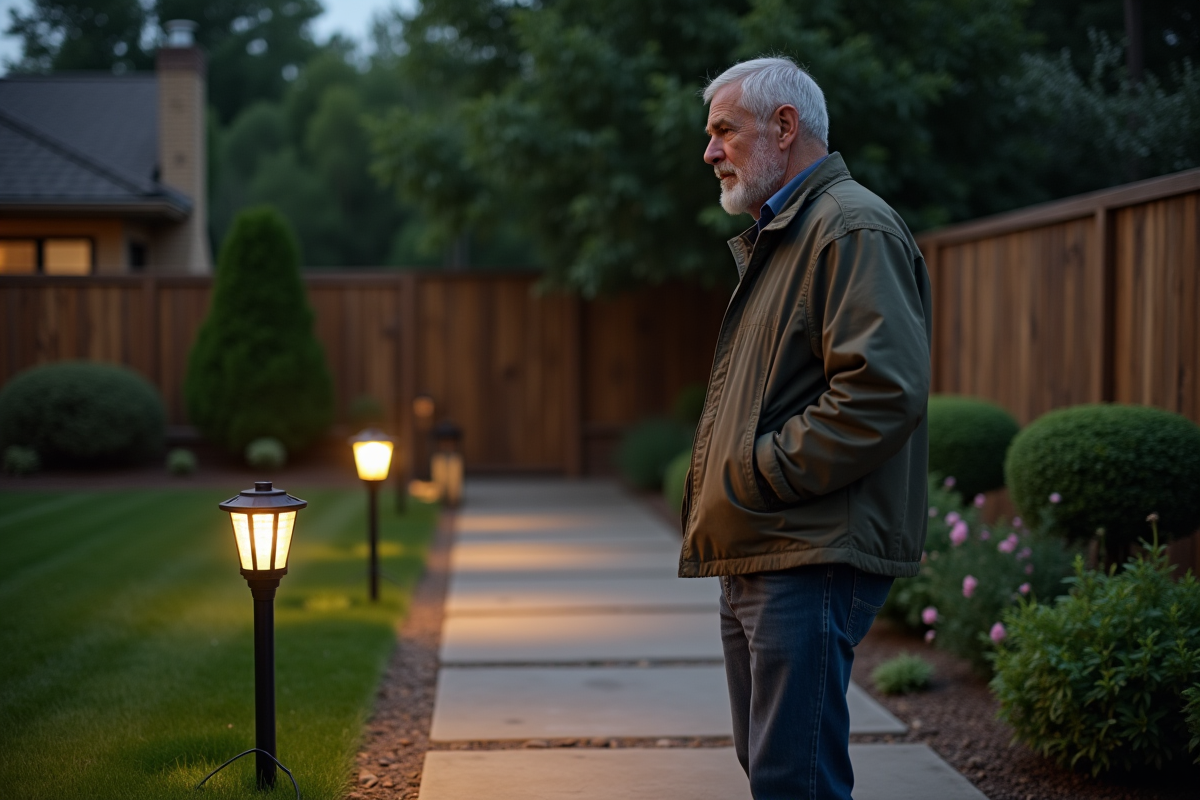 Homme d'âge moyen examine des projecteurs de jardin au crépuscule