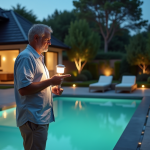 Homme d'âge moyen avec lampe LED près de la piscine