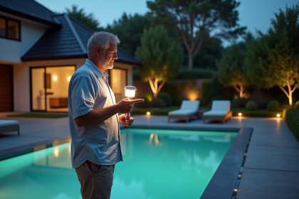 Homme d'âge moyen avec lampe LED près de la piscine