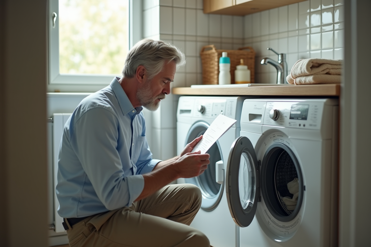 Homme lisant un manuel devant un lave-linge dans la salle de bain