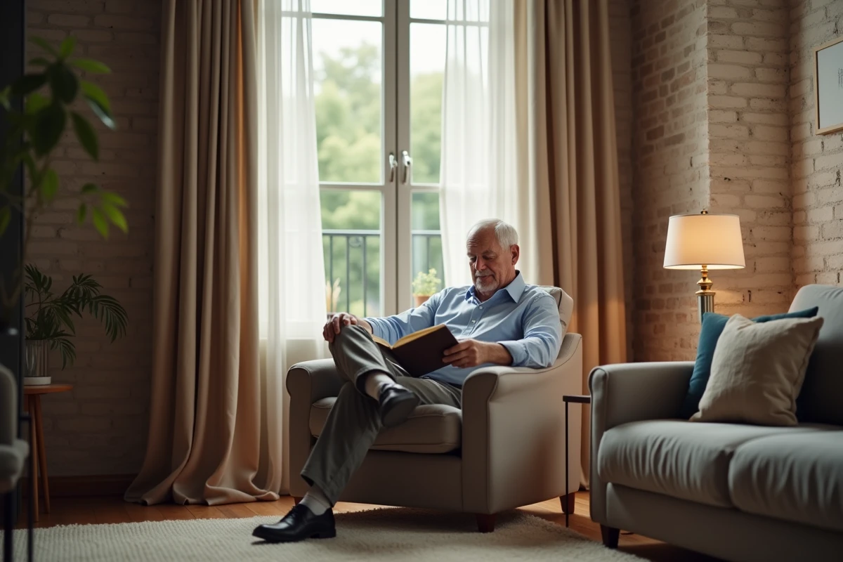 Homme lisant dans un coin de salon avec rideaux épais