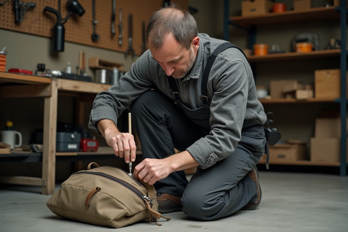 Homme lubrifiant une fermeture éclair coincée avec un crayon graphite dans un atelier