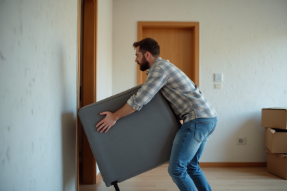 Homme guidant un grand canapé dans un couloir étroit
