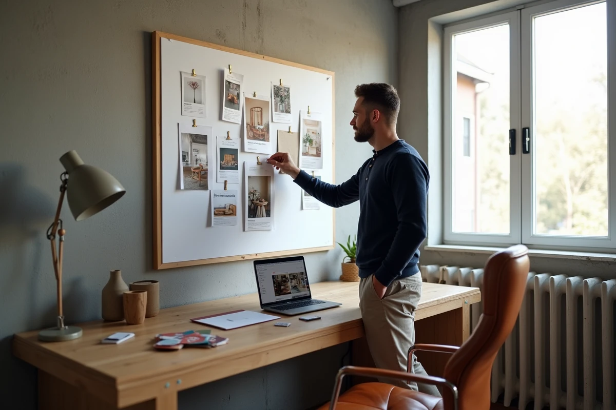 Homme créant un moodboard déco avec Pinterest sur ordinateur portable dans un bureau moderne au style industriel