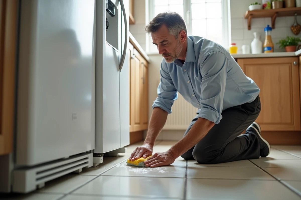 Homme nettoyant la base du frigo dans la cuisine