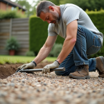 Homme en jeans nivelant un gravier dans le jardin