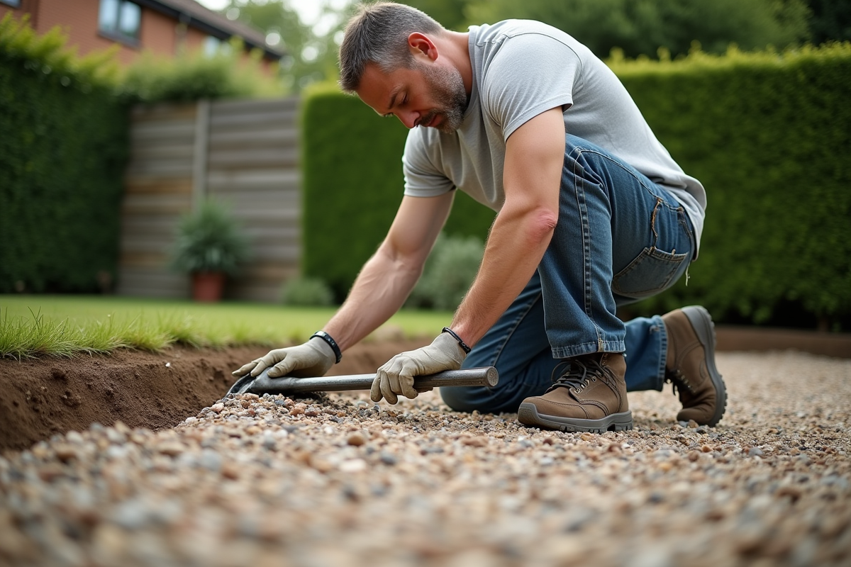 Homme en jeans nivelant un gravier dans le jardin