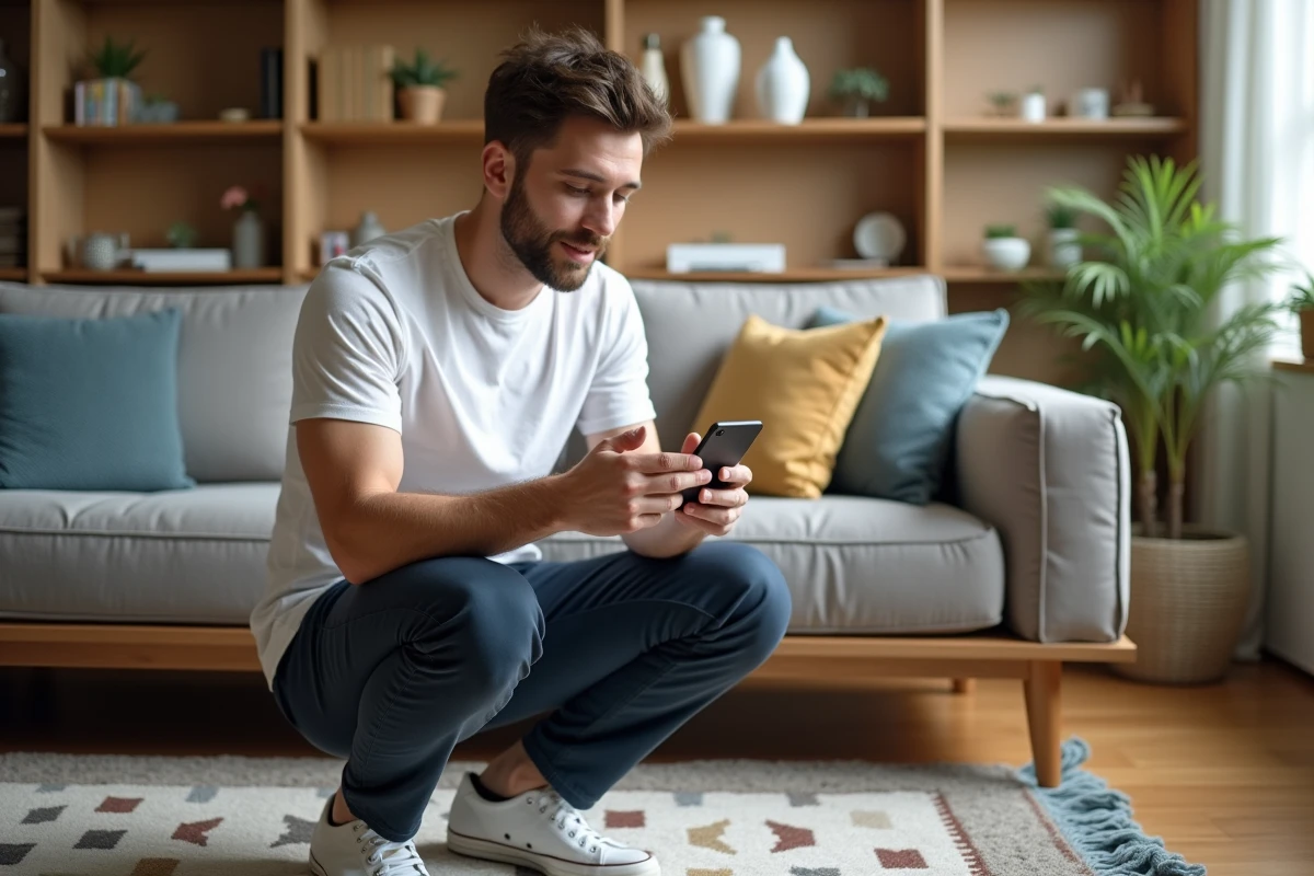 Homme utilisant un smartphone pour accéder à une offre exclusive Sklum dans un salon décoré avec des meubles design