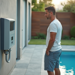 Homme regardant le panneau de contrôle du chauffage piscine extérieur