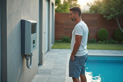 Homme regardant le panneau de contrôle du chauffage piscine extérieur