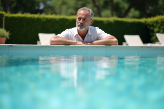 Homme d'âge moyen contemplant la piscine en été
