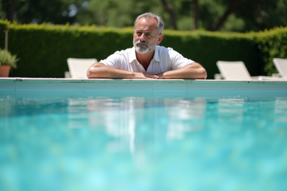 Homme d'âge moyen contemplant la piscine en été