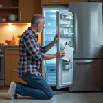 Homme d'âge moyen devant un frigo ouvert avec manuel