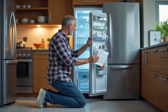 Homme d'âge moyen devant un frigo ouvert avec manuel