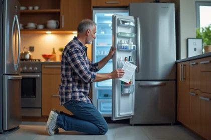 Homme d'âge moyen devant un frigo ouvert avec manuel