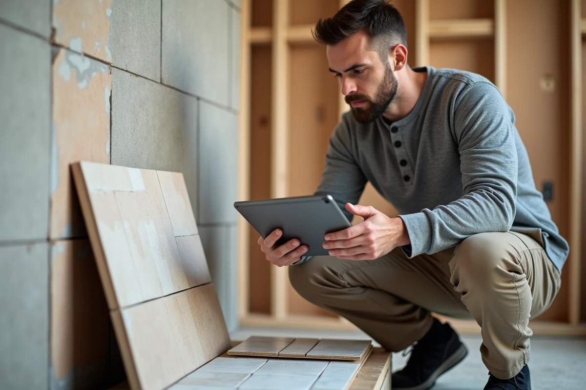Homme consultant un site de projet maison sur tablette lors de la rénovation d'une salle de bain en cours de carrelage