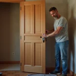 Homme d'âge moyen ajuste une porte en bois solide