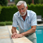 Homme d'âge moyen touchant le bord de la piscine moderne