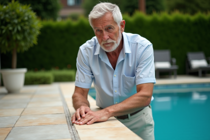 Homme d'âge moyen touchant le bord de la piscine moderne