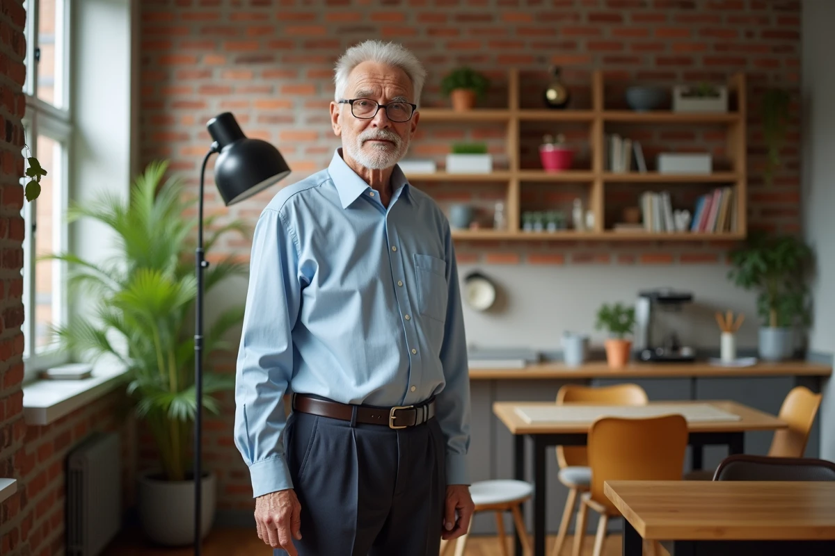Homme d age réfléchi à côté d une lampe halogene dans un appartement lumineux