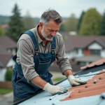 Homme d'âge moyen en tenue de travail inspectant un toit