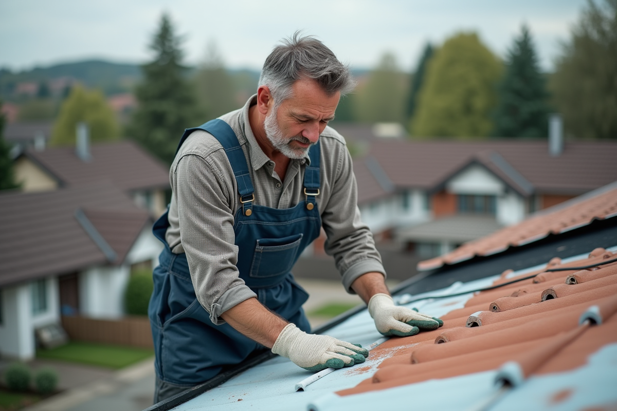 Homme d'âge moyen en tenue de travail inspectant un toit