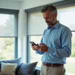 Homme d'âge moyen utilisant smartphone pour volets électriques