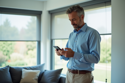 Homme d'âge moyen utilisant smartphone pour volets électriques