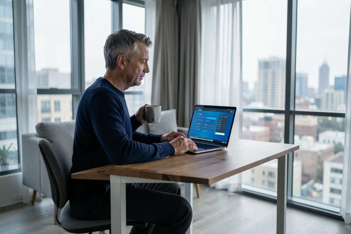 Homme en télétravail consultant un filtre lumière bleue sur son ordinateur portable dans un appartement moderne