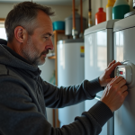Homme inspectant un thermostat d'eau chaude dans une buanderie