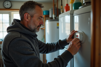 Homme inspectant un thermostat d'eau chaude dans une buanderie